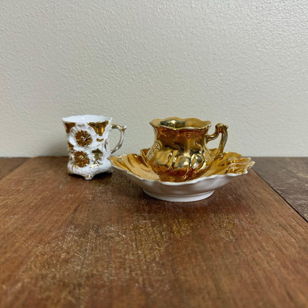Vintage Porcelain Gold 2 Tea cup‎ & saucer Set MINI Children's or demitasse